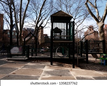 View Of Washington Square Park In New York City. Children's Playground At Winter Time.