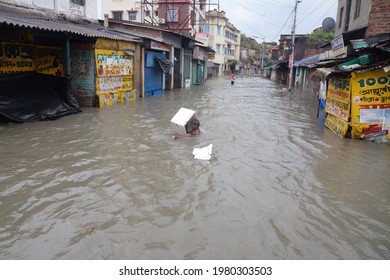 View of water log street of Kalighat during cyclone Yaas on May 26,2021 in calcutta, india.