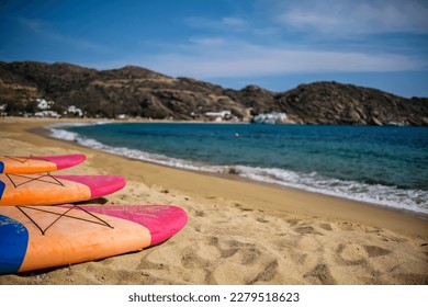View of water sport equipment at the sandy beach of Mylopotas in Ios Greece
 - Shutterstock ID 2279518623