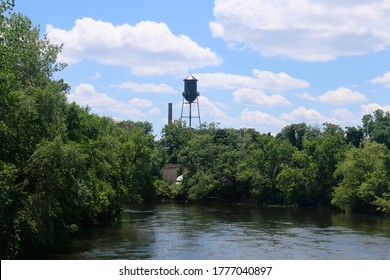 View of a water tower and the Passaic River in Garfield, New Jersey