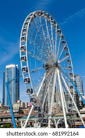 View Of Waterfront, Seattle Ferris Wheel In Sunshine Day