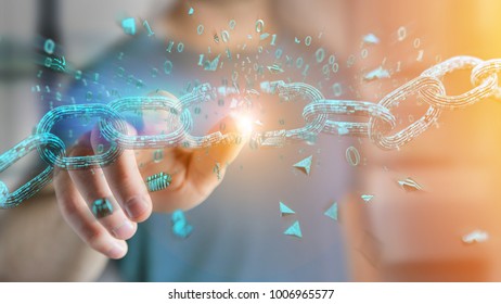 View of a Weak link of a Broken blockchain exploding - 3d render