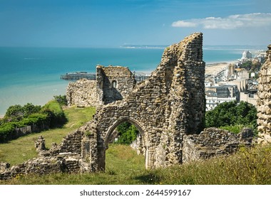 View west from inside the grounds of the ruins of Hastings Castle on top of West Hill east Sussex south east England UK