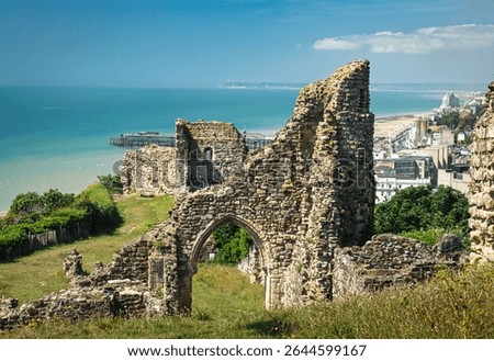 View west from inside the grounds of the ruins of Hastings Castle on top of West Hill east Sussex south east England UK