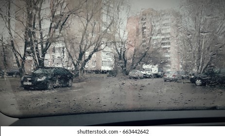 view from the wet raining window
