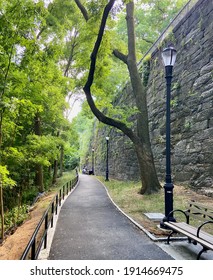 View while walking down a tree-lined paved pedestrian path with a bench and a lamp post in Jackie Robinson Park in Harlem in the summer