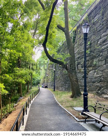View while walking down a tree-lined paved pedestrian path with a bench and a lamp post in Jackie Robinson Park in Harlem in the summer