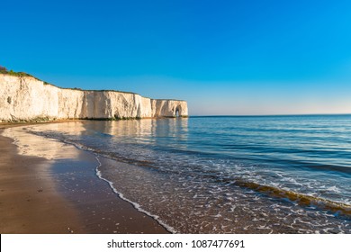 View of white chalk cliffs and beach in Kingsgate Bay, Margate, East Kent, UK