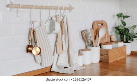 View of white modern country style kitchen interior with hanging storage, eco friendly food storage. Zero waste home concept - Powered by Shutterstock