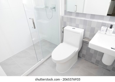 View of white new bathroom and water closet with shower room interior.
