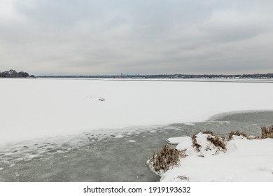 A View Of White Rock Lake In East Dallas, Texas As It Freezes Over During The 2021 Cold Winter Weather On 02-17-2021