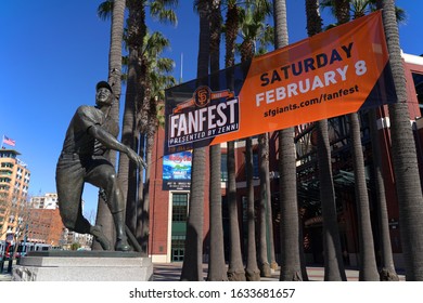 View Of Willie Mays Statue At Oracle Park, Home Of The San Francisco Giants Baseball Team. A Banner Fanfest Is Hanging Behind On Palm Trees. San Francisco, CA. February 2, 2020.