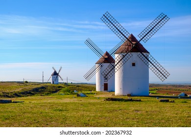View of windmills in Castilla La Mancha, Spain
