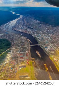 View From The Window Of The Plane To The City Of Ust-Kut On The Lena River In The Irkutsk Region. Siberia, 