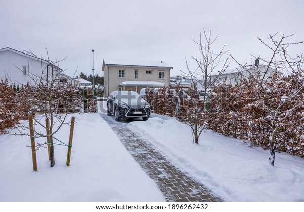 View of\
winter landscape of private area. Car, trees and bushes covered\
with snow. Beautiful white villas on\
background.