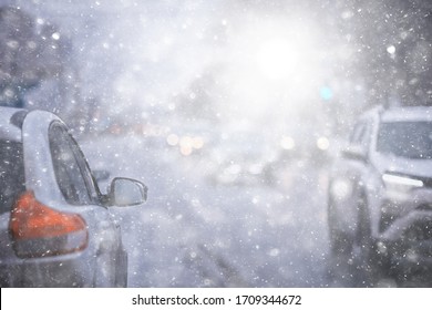 View Of The Winter Road From The Car, Traffic In The Seasonal City, Bad Weather In The Northern City