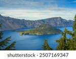 View of Wizard Island in Crater Lake National Park, Southern Oregon, USA.