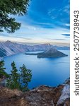 View of Wizard Island in Crater Lake National Park, Southern Oregon, USA.