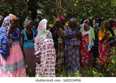 View Of A Women Meeting In The Rural Village Of Talto Djega-Saré Diallo, Kolda Region, Senegal, West Africa. October, 11, 2019. Standing Colorful Dressed African Ladies In The Countryside. 