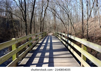 A View Of The Wood Footbridge On The Trail In The Forest.