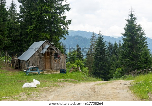 View Wooden Mountain Cabin Mountains Background Stock Photo Edit