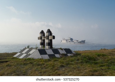 View Of A Wooden Train Buffer And A Cruise Boat At Lake Baikal 