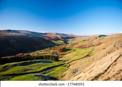 View Of Woodlands Valley And Snake Pass, Peak District National Park, Derbyshire, UK. Image Taken From Rowlee Pasture Near Edale, Derbyshire, Great Britain.