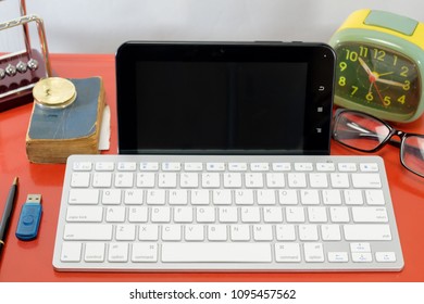 View of workspace on the desk. - Shutterstock ID 1095457562