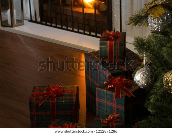 View Wrapped Gifts Fireplace Christmas Tree Stock Photo Edit Now