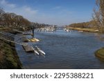 View of the yacht marina on the river Somme at Saint-Valery-sur-Somme, in Northern France. Sunny spring day with clear blue sky.