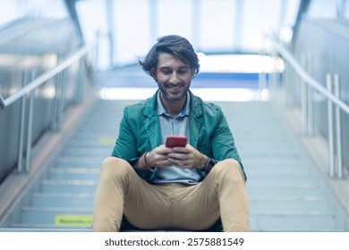 View of young man using a smartphone at indoor space with a blurred view landscape in the background. High quality photo. Texting on the phone. 