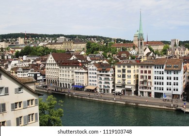 View of Zurich city center and river Limmat, Switzerland.