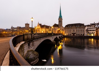 View of Zurich and Old City Center Reflecting in the river Limmat at Morning, Switzerland