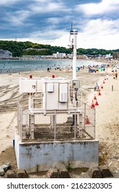 View Of Zushi Beach, Kanagawa Prefecture,shonan,Japan. Zushi Beach Has A Digital Bulletin Board For Disaster Preparedness.