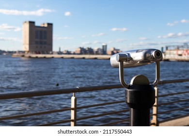 Viewfinder Binoculars At Hudson River Park Along The Hudson River Of New York City