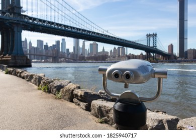 Viewfinder On The Dumbo Brooklyn Riverfront With The Manhattan Bridge Over The East River In New York City