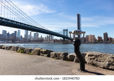 Viewfinder On The Dumbo Brooklyn Riverfront With The Manhattan Bridge Over The East River In New York City