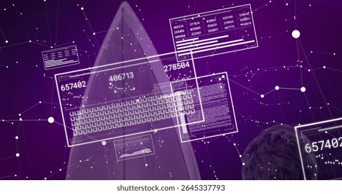 Viewing IT professional analyzing holographic data panels in cyber network, with numeric readouts. Cyberspace, data visualization, holography, digital interface, futuristic, technology, analytics