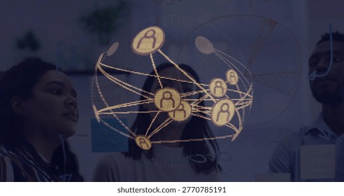 Viewing team studying sphere network in office with writable glass and post-its in business casual. Visualization, collaboration, data, analytics, brainstorming, conference, workspace