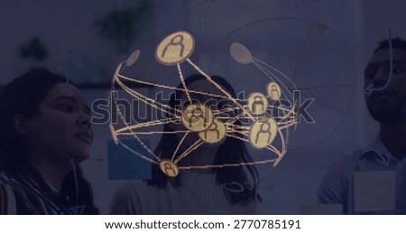 Viewing team studying sphere network in office with writable glass and post-its in business casual. Visualization, collaboration, data, analytics, brainstorming, conference, workspace