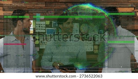Viewing team in white shirts checking tablet at office with holographic data, wooden bulletin board. Trio, business, futuristic, technology, workspace, collaboration, innovation