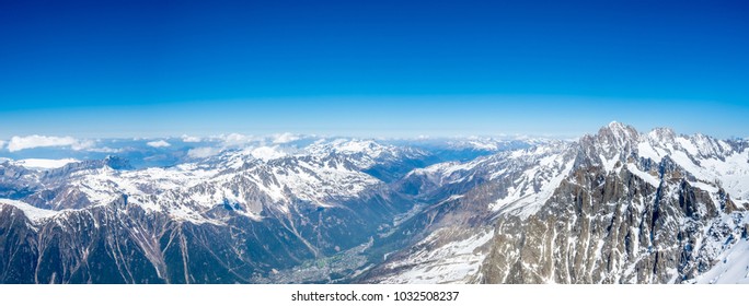Viewpoint around top of Mont Blanc mountain peak, highest peak of Europe, in Chamoix Mont-Blanc town, with freeze snow view and cold climate, in France
