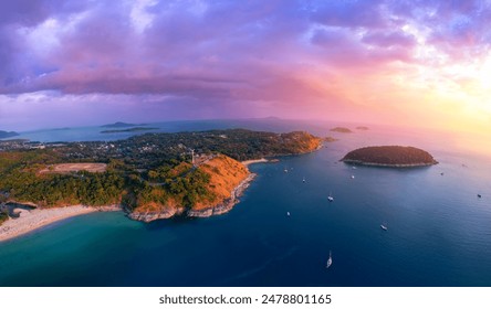 Viewpoint Rawai of Phuket, Thailand travel. Amazing aerial view sunset above Nai Harn beach with windmill. - Powered by Shutterstock