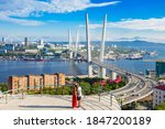 Viewpoint with view of the Zolotoy Golden Bridge. It is cable-stayed bridge across the Zolotoy Rog or Golden Horn in Vladivostok, Russia
