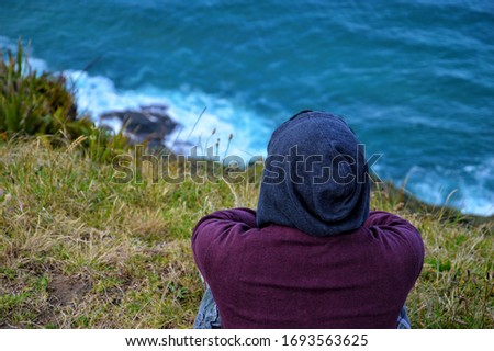 Image, Stock Photo Enjoy the view. Woman with headband, jacket. Ireland