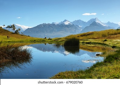 Views of Black mountain range "Cordillera negra" from Wilcacocha lagoon, Peru