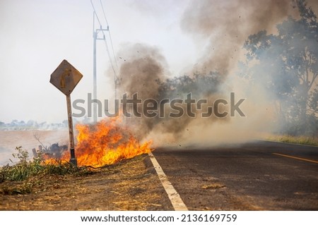 Views of blazes, burning hay, producing black clouds of black smoke, are blown by the wind, causing air pollution and potentially damaging paved road signs, a common sight in rural Thai farming.