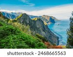 Views from Cabo de Larano viewpoint and Vereda do Larano coastal hiking trail. Cliffs atlantic ocean and tropical mountains vegetation. Madeira island in Portugal