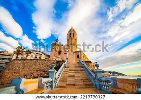 Views of Church of St. Bartholomew and Santa Tecla Sitges, Catalonia, Spain. Landmarks of Sitges. Winter in the Mediterranean