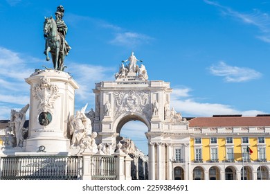 Views of Praça do Comércio and arch of the Rua Augusta in the background in Lisbon. Portugal.